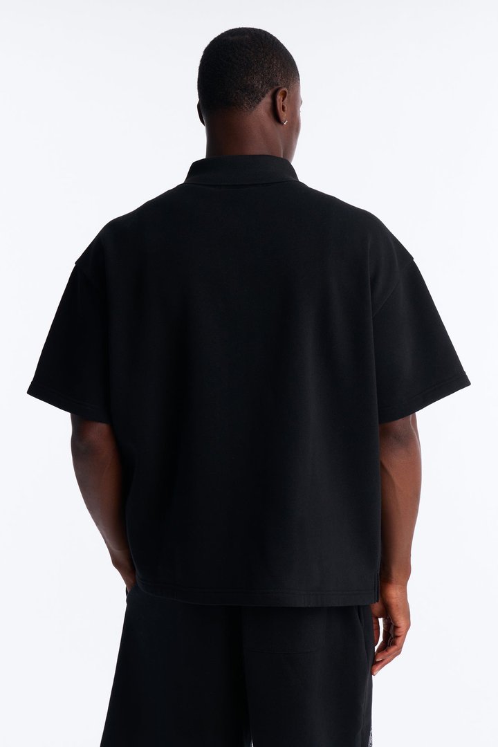 Oversized Royalty Pearl Embroidered Full Zip Polo - Black