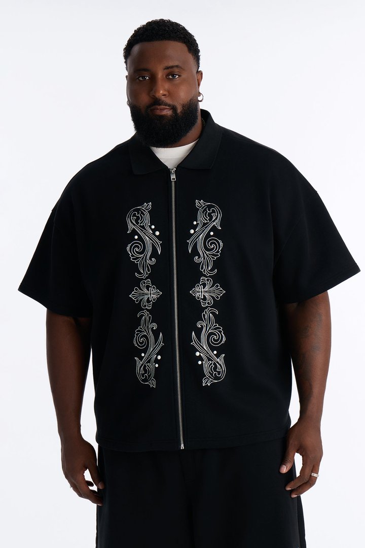 Oversized Royalty Pearl Embroidered Full Zip Polo - Black