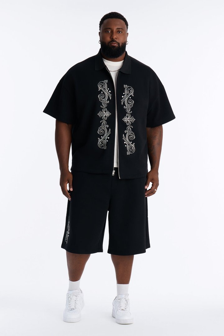 Oversized Royalty Pearl Embroidered Full Zip Polo - Black
