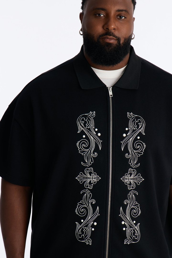 Oversized Royalty Pearl Embroidered Full Zip Polo - Black