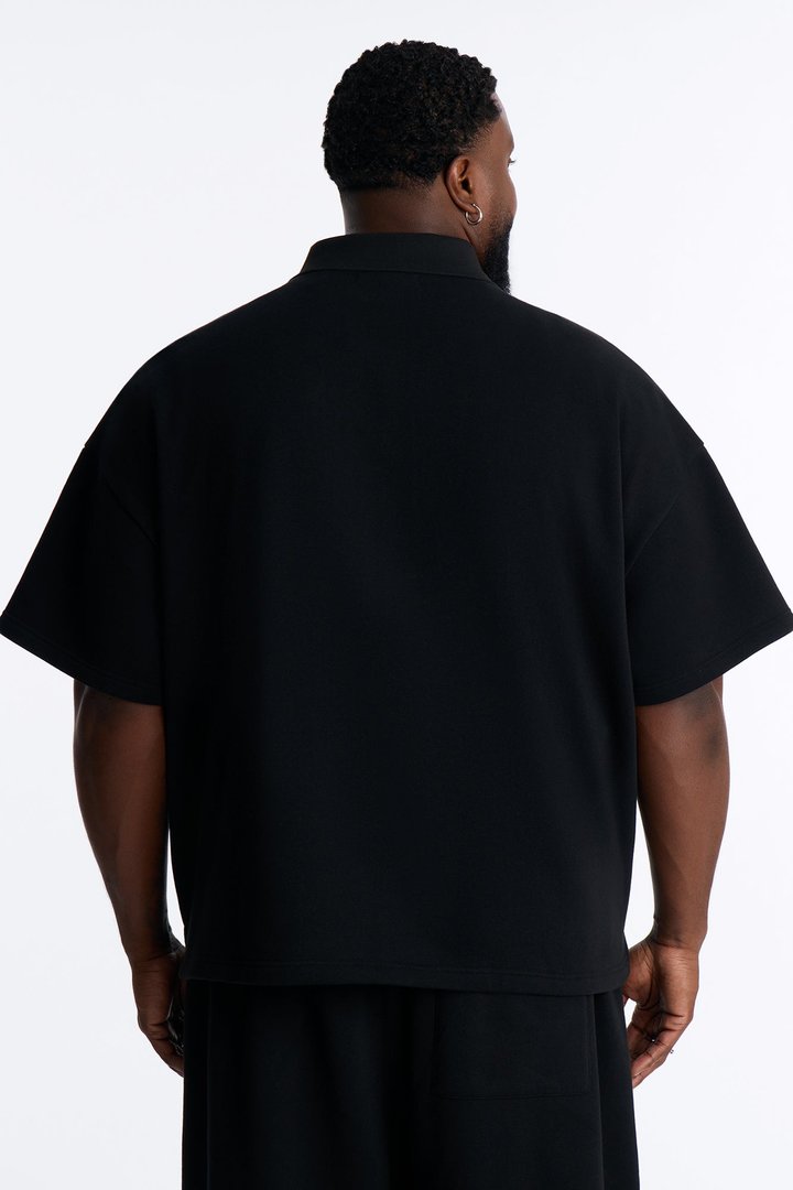 Oversized Royalty Pearl Embroidered Full Zip Polo - Black