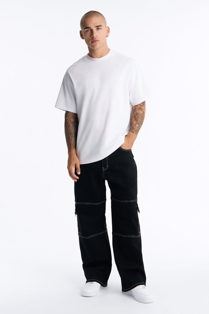 Contrast Stitch D-Ring Baggy Cargo Jean - Black