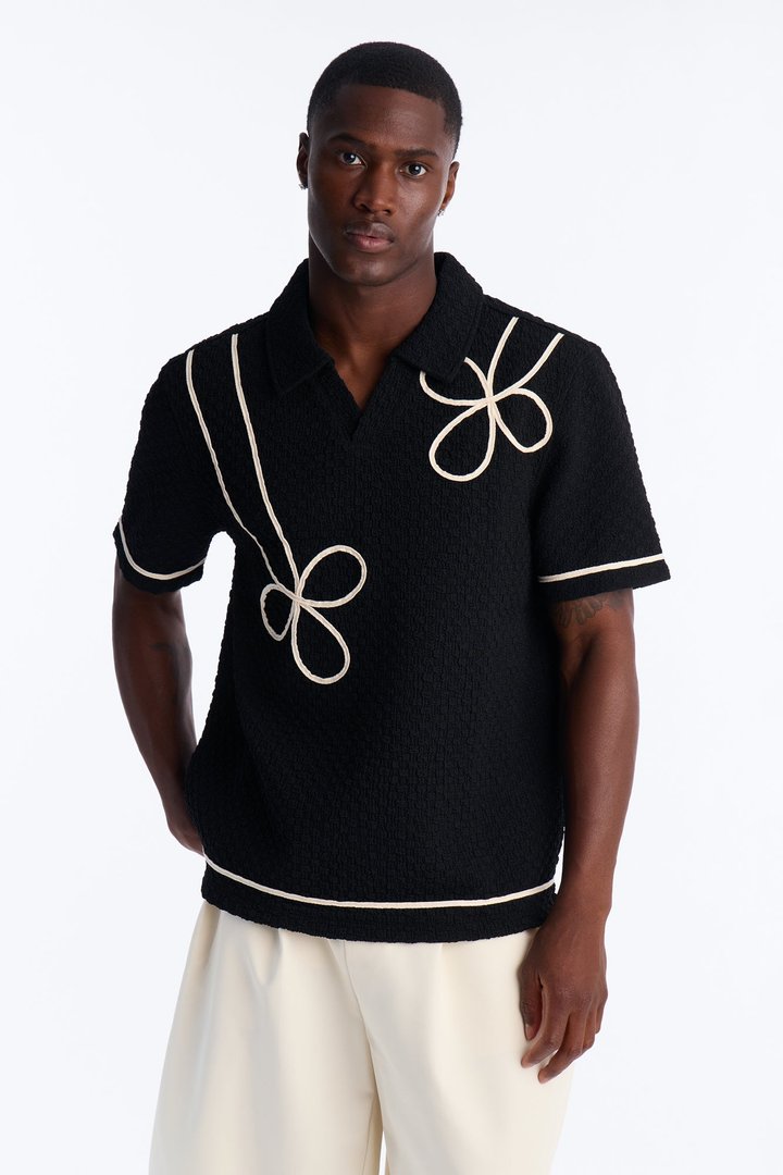 Soho Weave Applique Textured Johnny Collar Polo - Black/combo