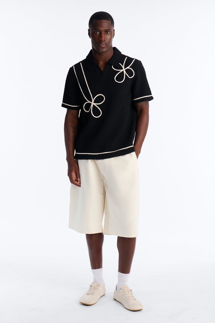 Soho Weave Applique Textured Johnny Collar Polo - Black/combo