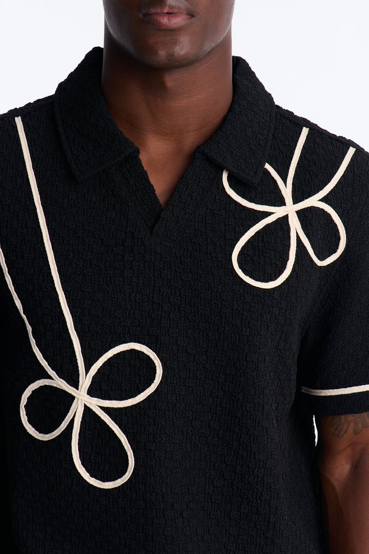 Soho Weave Applique Textured Johnny Collar Polo - Black/combo