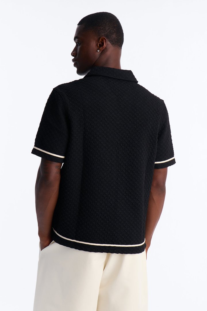 Soho Weave Applique Textured Johnny Collar Polo - Black/combo