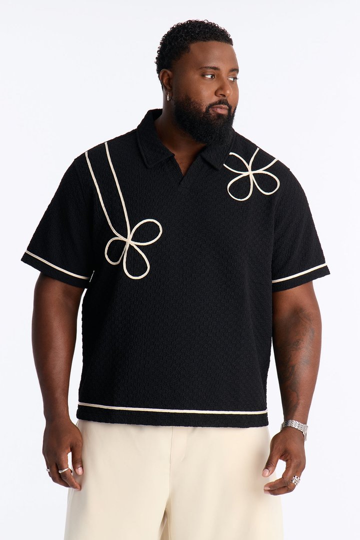 Soho Weave Applique Textured Johnny Collar Polo - Black/combo