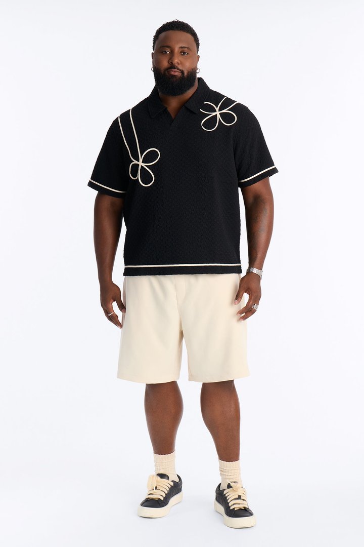Soho Weave Applique Textured Johnny Collar Polo - Black/combo