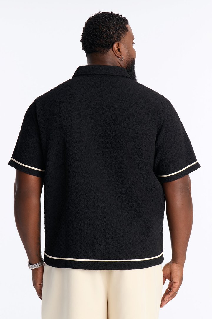 Soho Weave Applique Textured Johnny Collar Polo - Black/combo