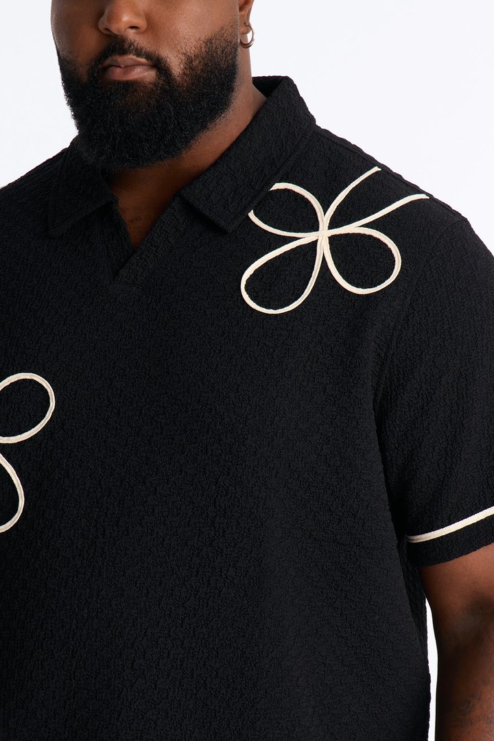 Soho Weave Applique Textured Johnny Collar Polo - Black/combo