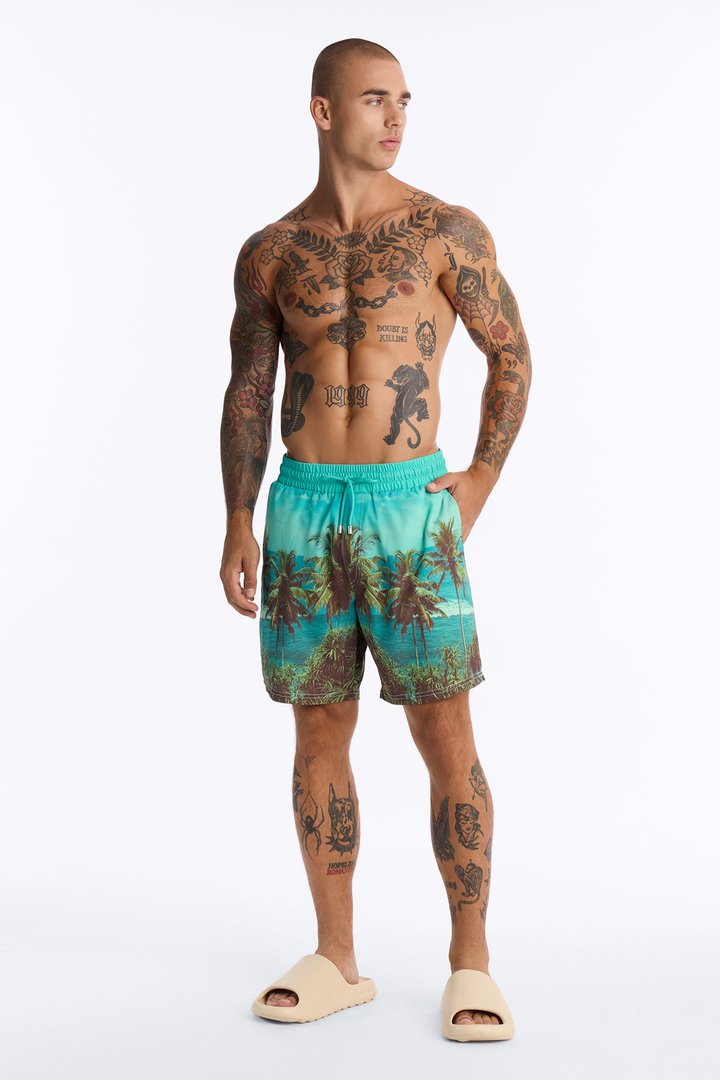 Palm Mirage Photoreal Swim Trunk 7″ - Blue/combo