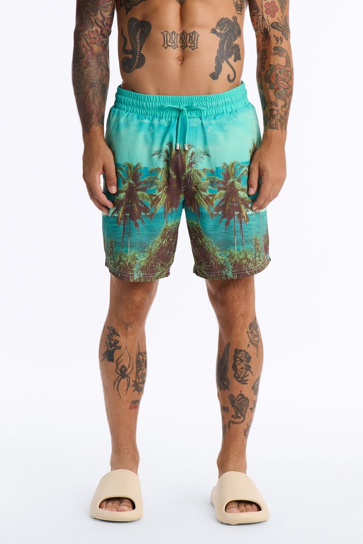 Palm Mirage Photoreal Swim Trunk 7″ - Blue/combo