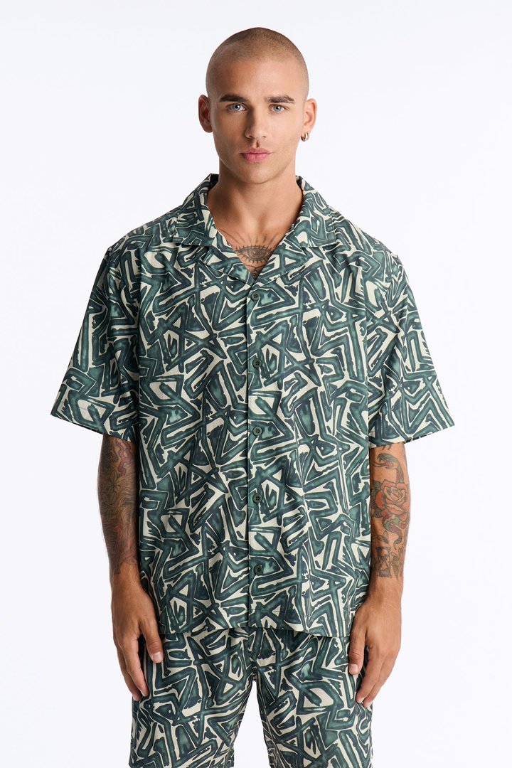 Relaxed Tidal Vector Cuban Collar Button Up Shirt - Green/combo