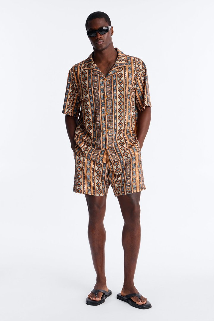 Relaxed Tribal Coast Cuban Collar Button Up Shirt - Multi Color