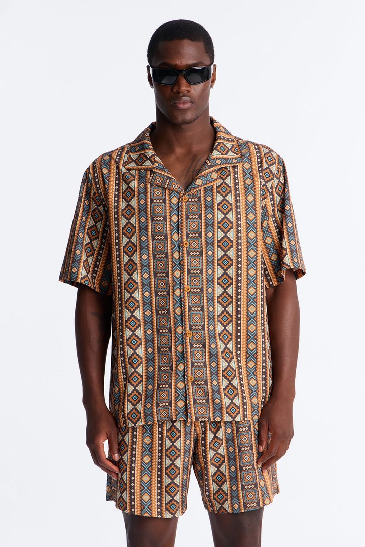Relaxed Tribal Coast Cuban Collar Button Up Shirt - Multi Color