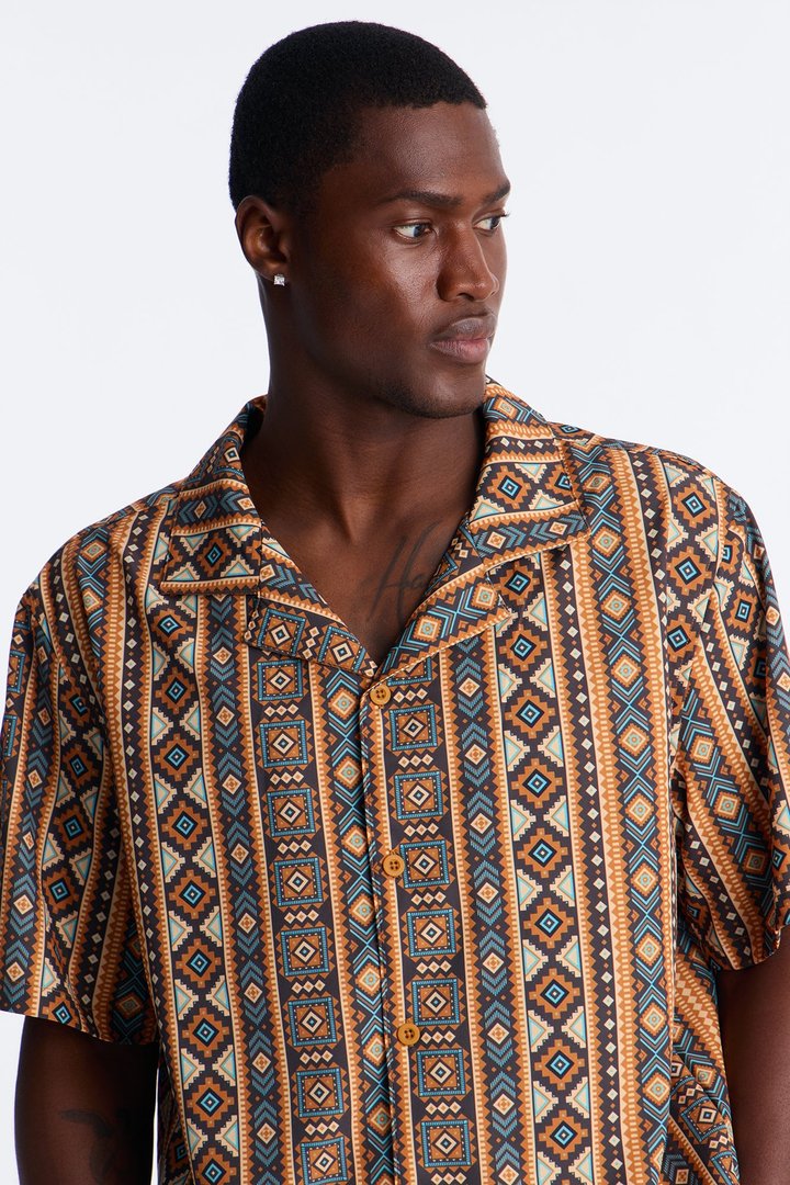 Relaxed Tribal Coast Cuban Collar Button Up Shirt - Multi Color