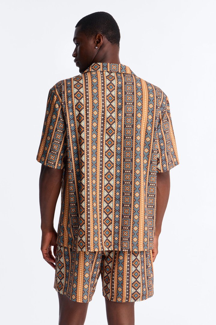 Relaxed Tribal Coast Cuban Collar Button Up Shirt - Multi Color