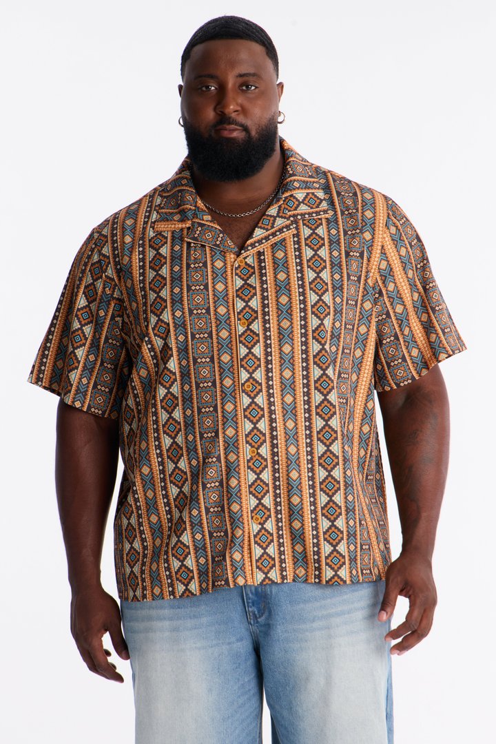 Relaxed Tribal Coast Cuban Collar Button Up Shirt - Multi Color
