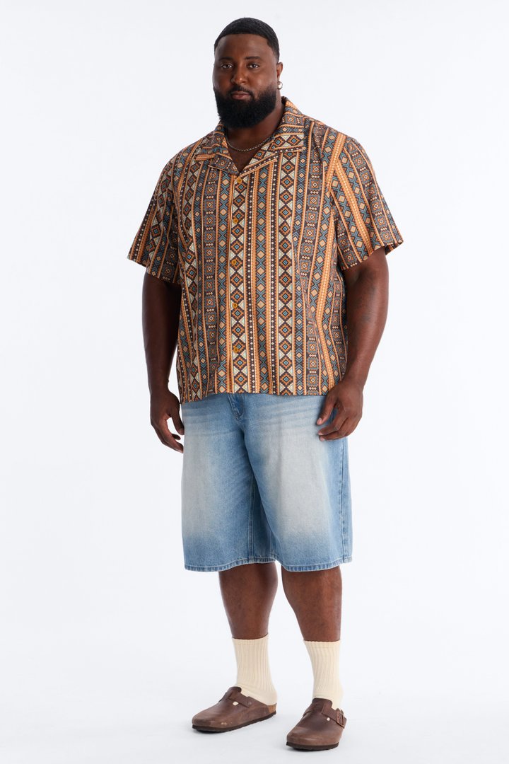 Relaxed Tribal Coast Cuban Collar Button Up Shirt - Multi Color