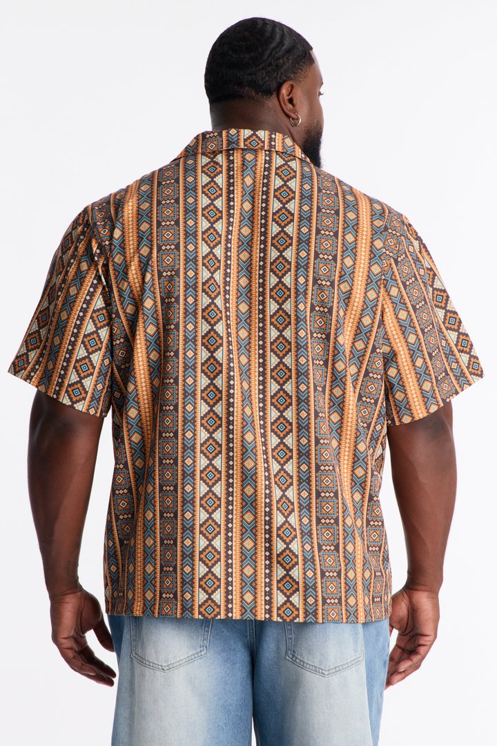 Relaxed Tribal Coast Cuban Collar Button Up Shirt - Multi Color