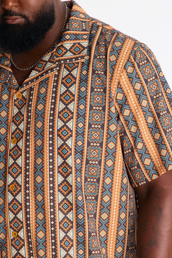 Relaxed Tribal Coast Cuban Collar Button Up Shirt - Multi Color