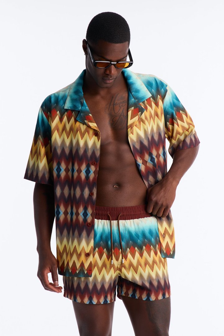 Relaxed Geometric Blur Cuban Collar Button Up Shirt - Multi Color