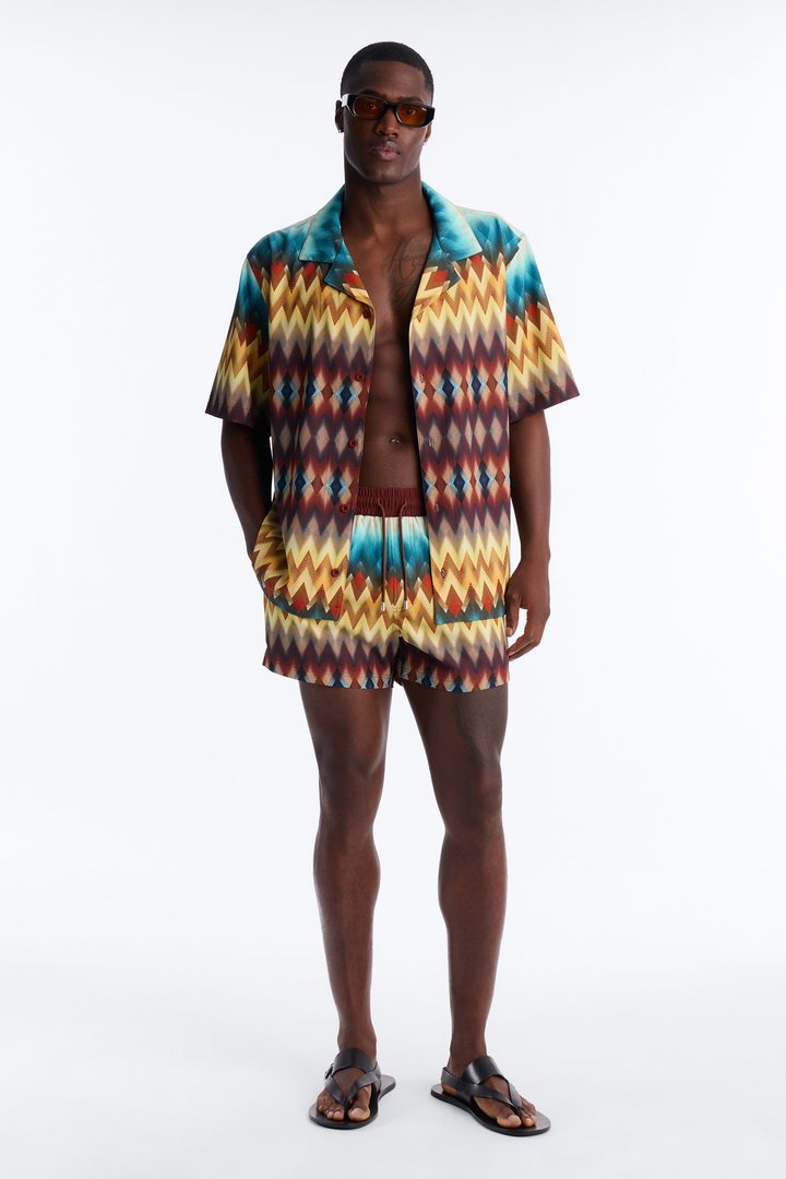 Relaxed Geometric Blur Cuban Collar Button Up Shirt - Multi Color