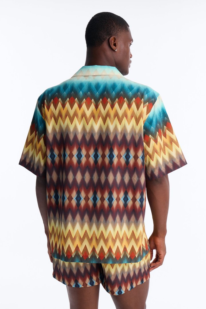 Relaxed Geometric Blur Cuban Collar Button Up Shirt - Multi Color