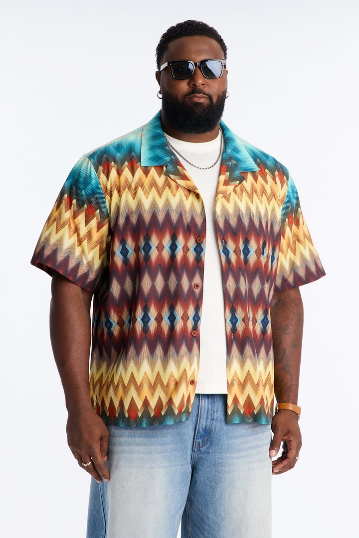 Relaxed Geometric Blur Cuban Collar Button Up Shirt - Multi Color
