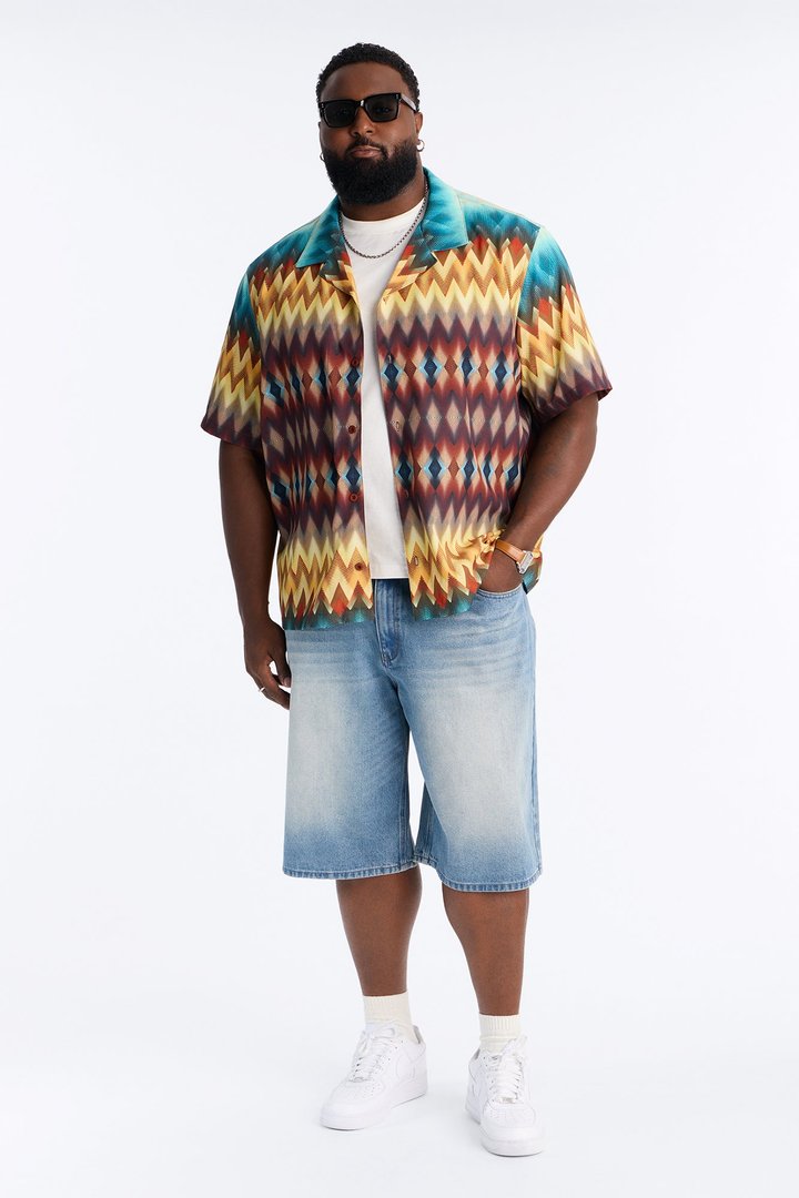 Relaxed Geometric Blur Cuban Collar Button Up Shirt - Multi Color