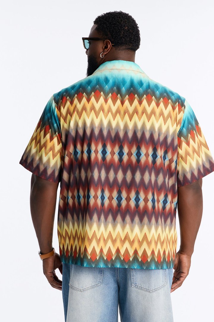 Relaxed Geometric Blur Cuban Collar Button Up Shirt - Multi Color