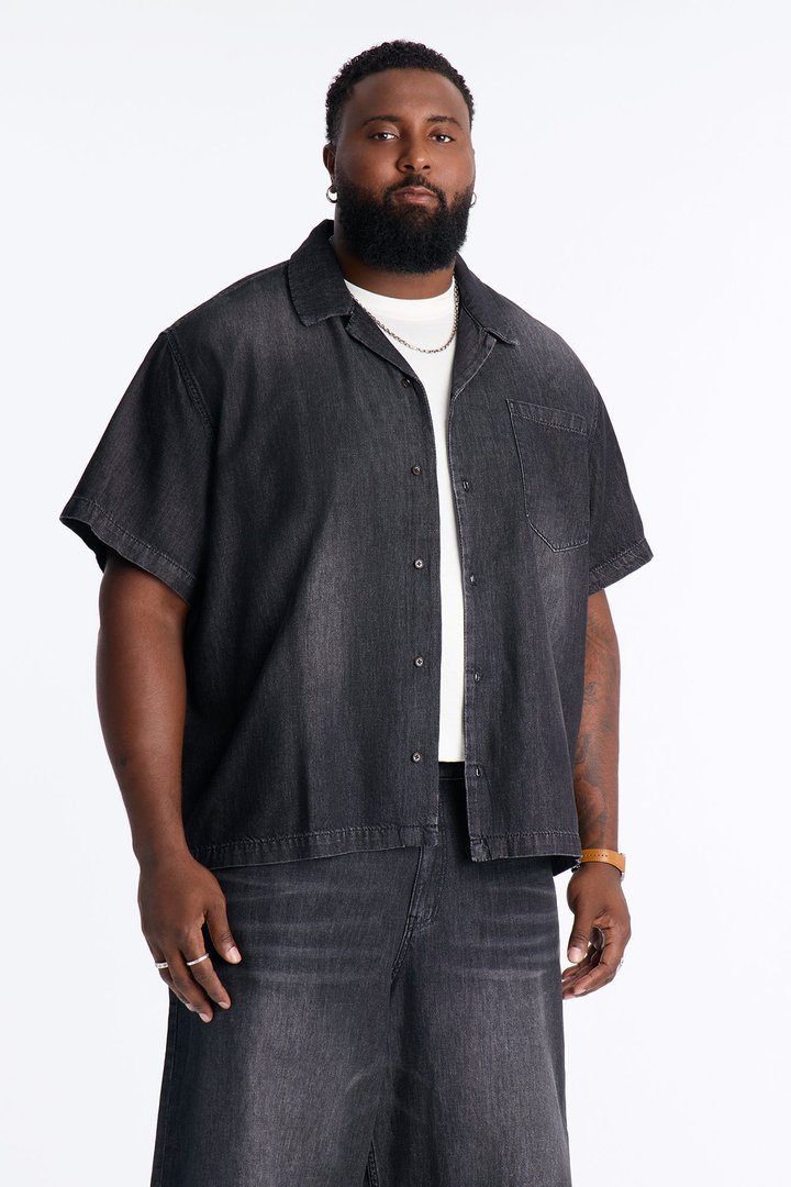 Everyday Hemp Relaxed Cuban Collar Denim Shirt - Black Wash