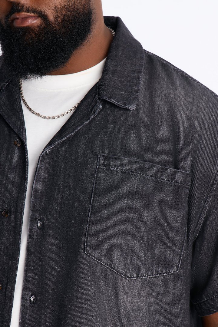 Everyday Hemp Relaxed Cuban Collar Denim Shirt - Black Wash