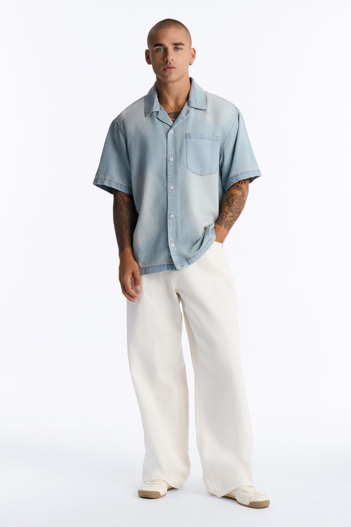 Everyday Hemp Relaxed Cuban Collar Denim Shirt - Light Blue Wash