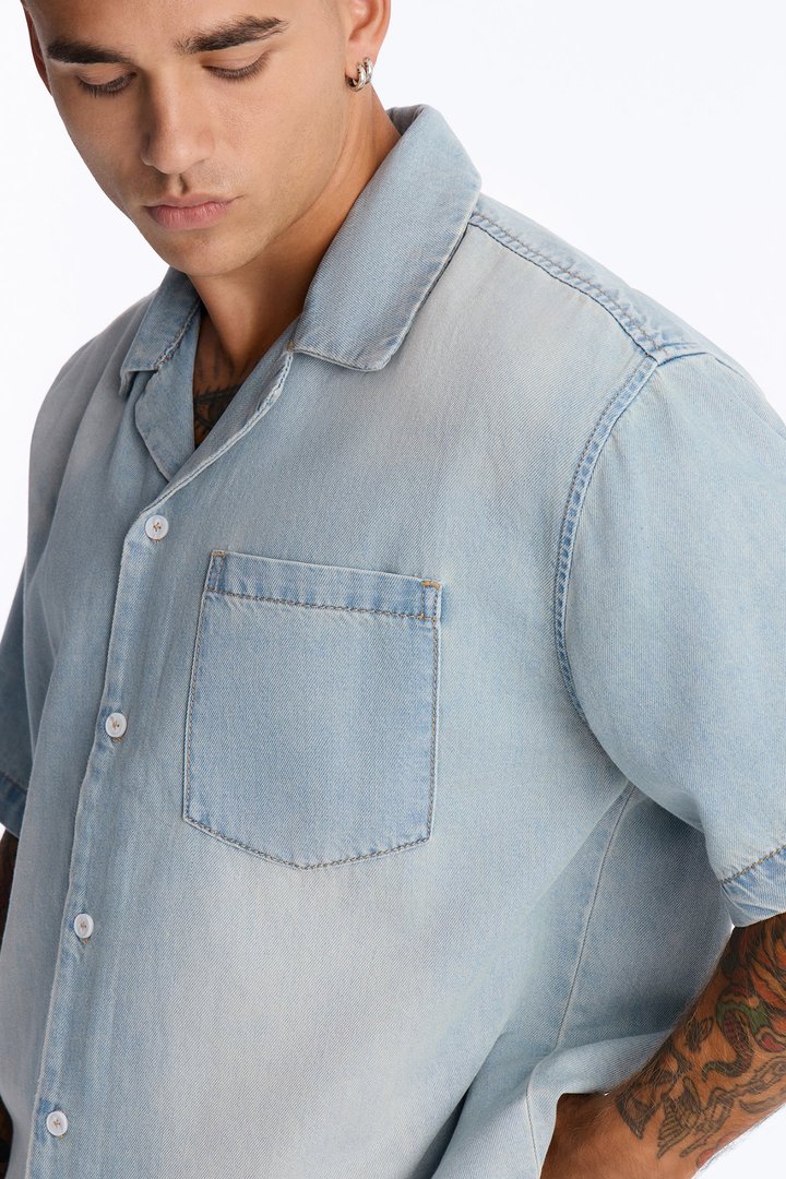 Everyday Hemp Relaxed Cuban Collar Denim Shirt - Light Blue Wash