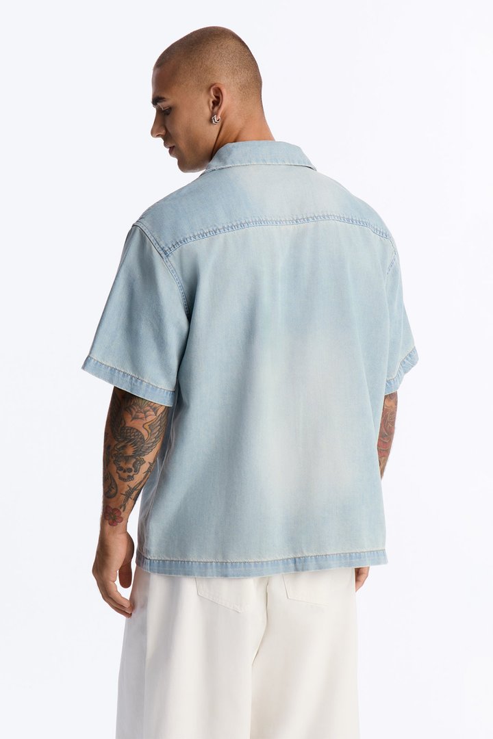 Everyday Hemp Relaxed Cuban Collar Denim Shirt - Light Blue Wash