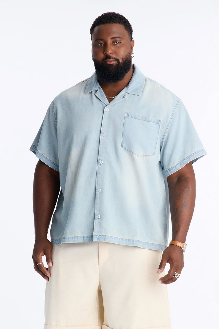 Everyday Hemp Relaxed Cuban Collar Denim Shirt - Light Blue Wash
