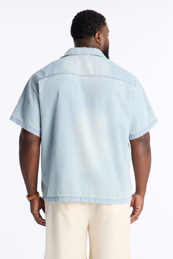 Everyday Hemp Relaxed Cuban Collar Denim Shirt - Light Blue Wash