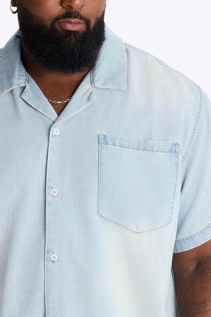 Everyday Hemp Relaxed Cuban Collar Denim Shirt - Light Blue Wash