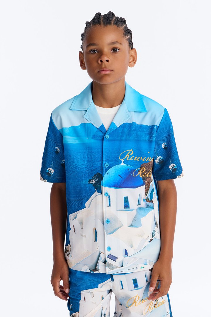 Mini Relaxed Cerulean Horizons Photo Real Cuban Collar Shirt - Blue/combo