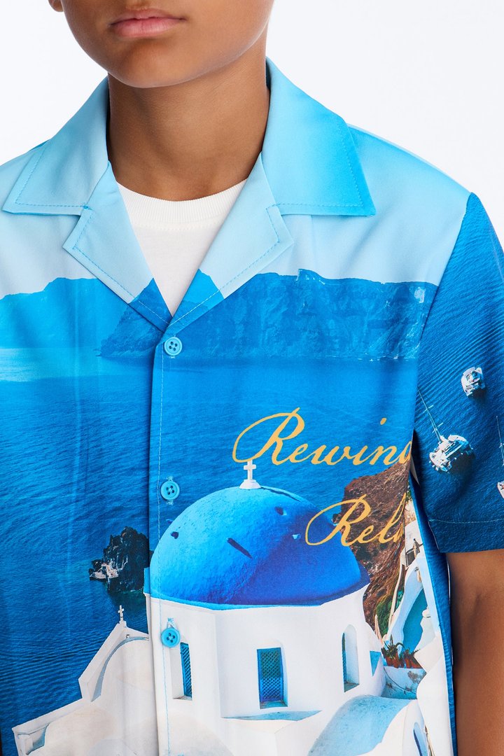 Mini Relaxed Cerulean Horizons Photo Real Cuban Collar Shirt - Blue/combo