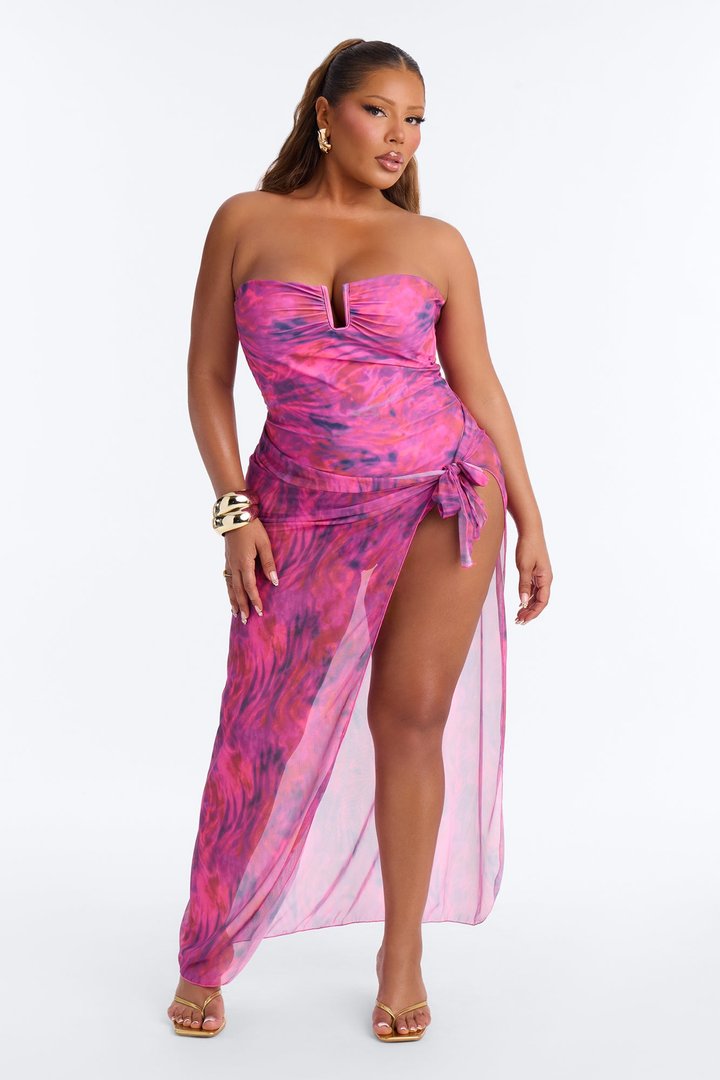 Macy Abstract 1 Piece Strapless Swimsuit With Cover Up - Magenta/combo