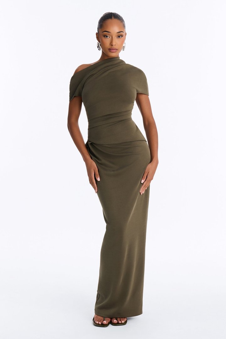 Hayli Off Shoulder Ruched Maxi Dress - Olive