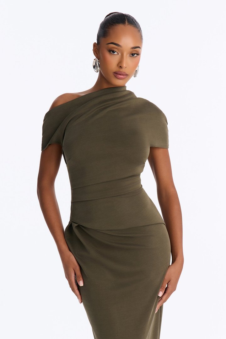 Hayli Off Shoulder Ruched Maxi Dress - Olive