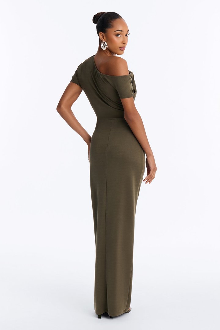 Hayli Off Shoulder Ruched Maxi Dress - Olive