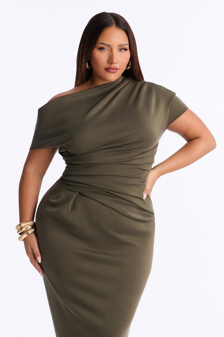 Hayli Off Shoulder Ruched Maxi Dress - Olive