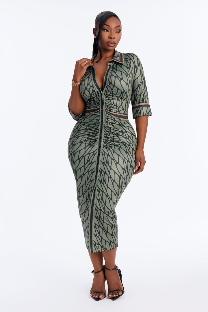 Skyla Collar Ruched Midi Dress - Olive/combo