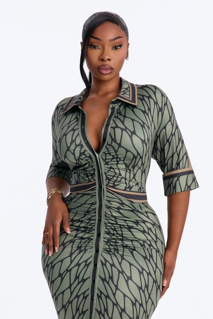 Skyla Collar Ruched Midi Dress - Olive/combo