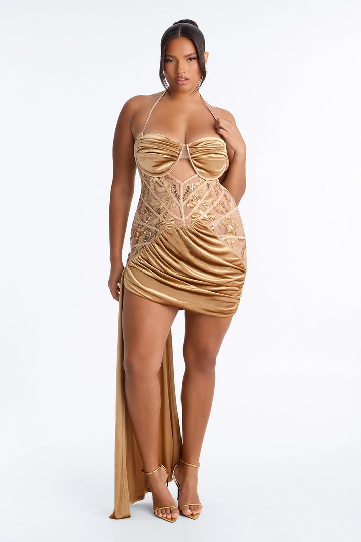Secret Romance Embellished Mini Dress - Champagne