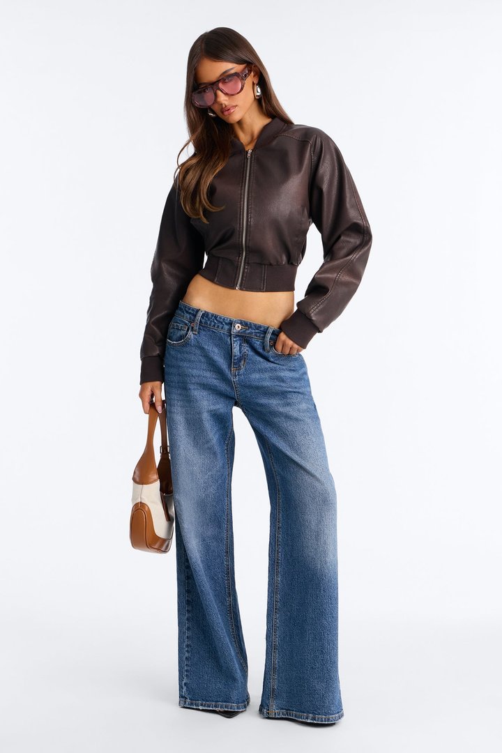 Reese Cropped Faux Leather Bomber Jacket - Chocolate